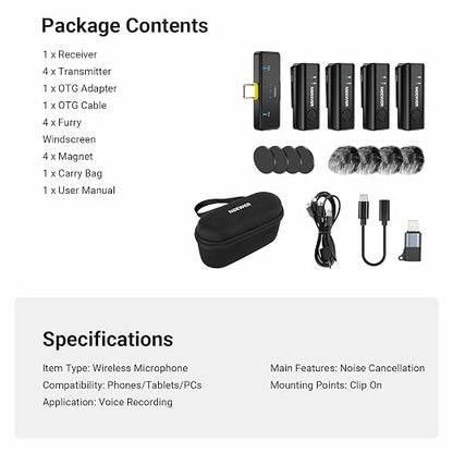 NEEWER KM23C Wireless Lavalier Microphone Compatible with iPhone Android Tablet PC Laptop, Omnidirectional 48K/24Bit 20-20KHZ AI Noise Cancellation Mute 70m Range 32h Total Battery (1x RX + 4X TX)