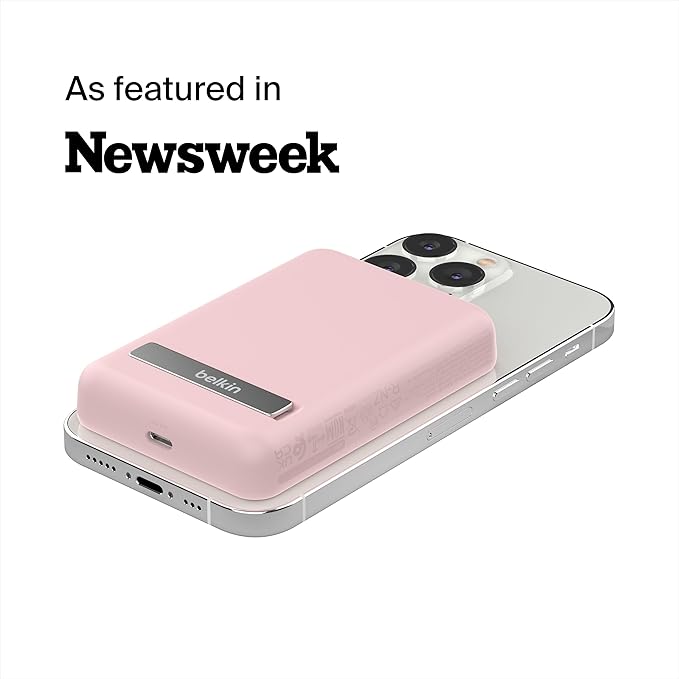 Belkin Portable Charger, Wireless Power Bank 5000 mAh MagSafe Charger 7.5W, Built-in Pop-up Kickstand - iPhone 17, Air, Pro, Pro Max, iPhone 16, AirPods, Apple Watch, Google Pixel 10, etc. - Pink