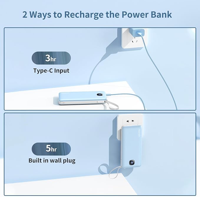 penaover Portable Charger with Built-in Cables&AC Wall Plug,Slim 10000mAh 22.5W Fast Charging Power Bank,5 Output 2 Input USB-C External Battery Pack Compatible with iPhones,Samsung,Android, etc