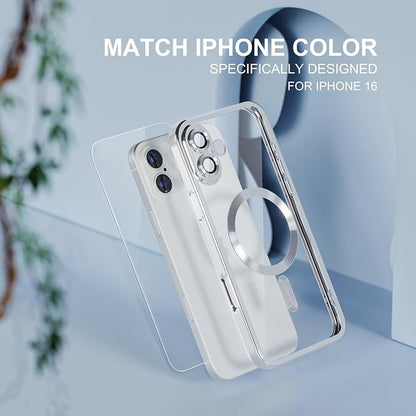 Misea Magnetic for iPhone 16 Case Compatible with MagSafe [Never Yellowing] [Military Grade Drop Protection] Full Camera Lens Protector Plating Soft Clear Phone Case for Women 6.1 inch, Silver