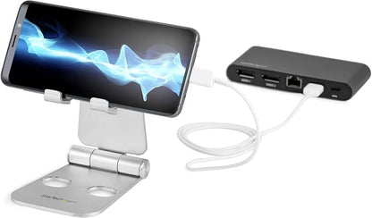 StarTech.com Phone and Tablet Stand - Foldable Universal Mobile Device Holder for Smartphones & Tablets Adjustable Multi-Angle Ergonomic Cell Phone Stand for Desk Portable, 4in to 13in (USPTLSTND)