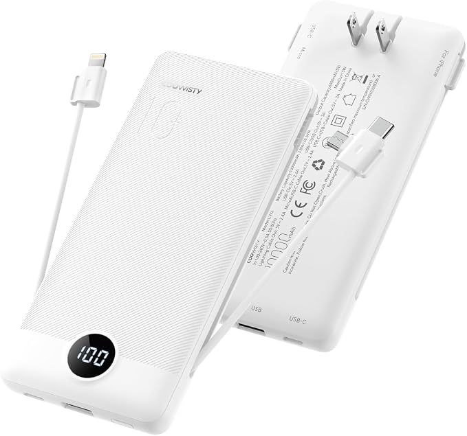 Portable Charger with Wall Plug, Slim USB C Power Bank with Built-in Cables, 10000mah LED Display External Battery Pack Compatible with iPhone/Android & More(White)