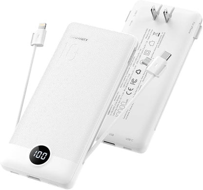Portable Charger with Wall Plug, Slim USB C Power Bank with Built-in Cables, 10000mah LED Display External Battery Pack Compatible with iPhone/Android & More(White)