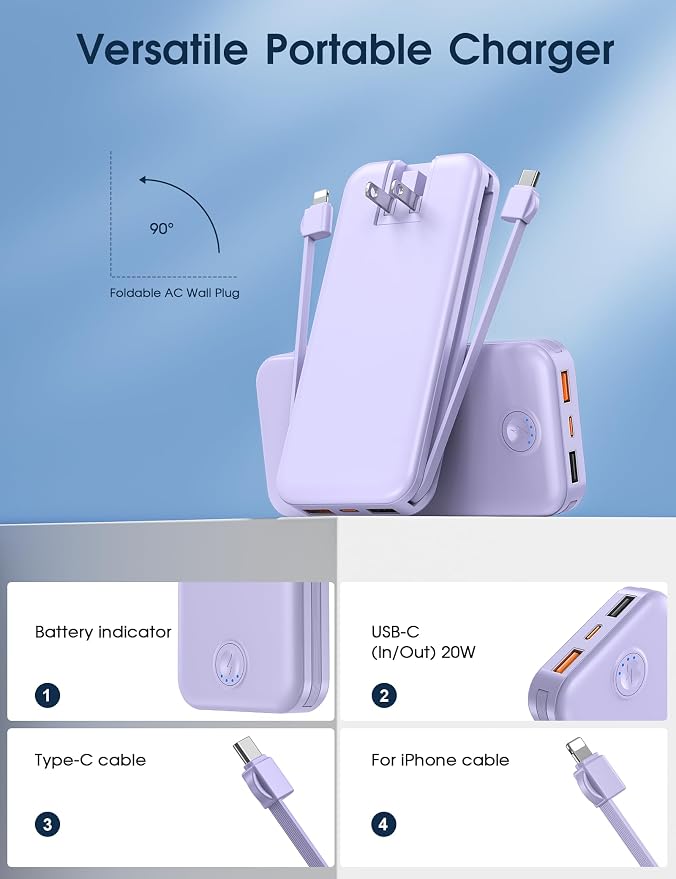 Nusyddy Portable Charger 10000mAh PD20W w/Built-in Cables & Wall Plug Purp. | PD20W Fast Charging, Battery Indicator, Pass Through Charging, TSA Approved, Compact/Slim, Power Bank for iPhone/iPad/Samsung