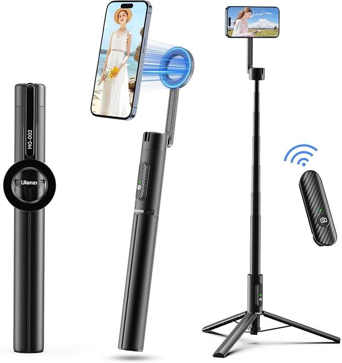 ULANZI 64.6'' Magnetic Selfie Stick Tripod Max, All-in-One Phone Tripod w Magnetic Phone Holder & Detachable Wireless Remote, C/W Magsafe, for iPhone 16 15 14 13 12 Series & Android Phones (Black)