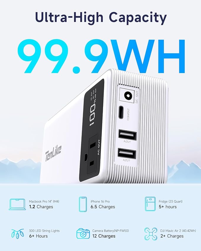 Power Bank with AC Outlet 99.9Wh Portable Power Stationr Camping Essentials Small Electric Generator Large Lithium Battery with 110V 80W Rated AC Plug in Output 60W Type-C Outdoor Emergency, White
