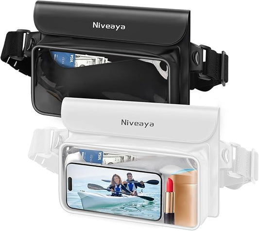 Niveaya IP68 Waterproof Fanny Pack - 2 Pack, Floating Dry Bag Pouch, Phone Waterproof Waist Pouch Dry Bag, Beach, Kayaking, Swimming, Boat Essentials, for iPhone 17/16/15/14/13/12 Pro Max up to 9.5"
