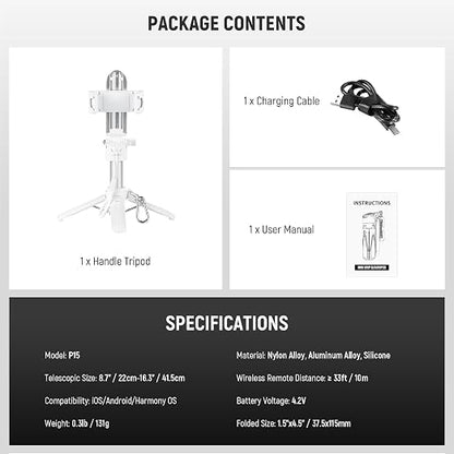 NEEWER Selfie Stick with Detachable Bluetooth Remote Shutter, Lightweight Foldable Travel Tripod for iPhone for YouTube/TikTok Vlogs Live Streaming Photography, White, P15