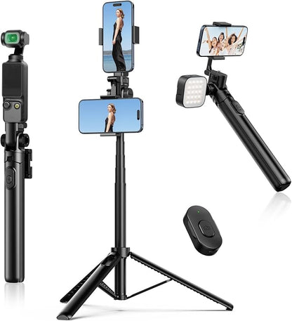 ULANZI MT-70 Extendable Tripod, 63" Selfie Stick Vlog Tripod Stand with 2 Phone Clips as Teleprompter, 360° Rotate Camera Holder for iPhone, Sony, Canon, DJI Osmo Nano, Lightweight for Travel, Black