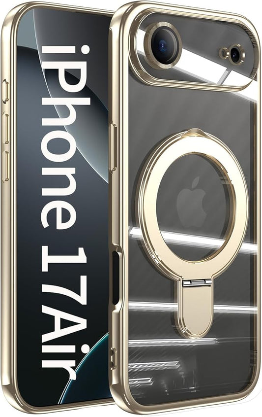 LXK Magnetic Invisible Stand for iPhone 17 Air Case 6.5" Compatible with MagSafe, Military-Grade Protection, with Camera Protector, Clear Scratch-Resistant Back Cover for iPhone 17 Air - Light Gold