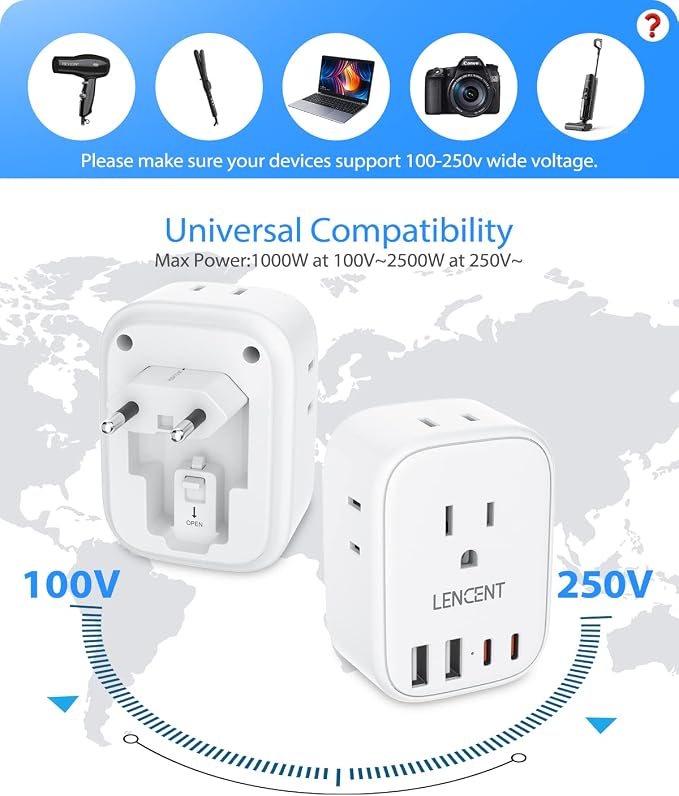 LENCENT 3 Pack European Travel Plug Adapter, US to Europe Type-C Foldable | Power Plug with 4 Outlets 4 USB Ports (2 USB C), International Power Adapter for USA to EU Euro Iceland Spain Italy France