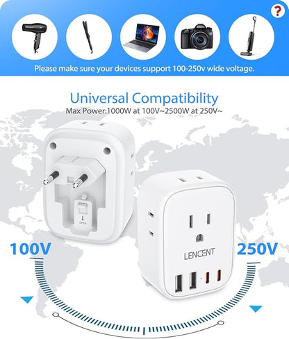 LENCENT 3 Pack European Travel Plug Adapter, US to Europe Type-C Foldable | Power Plug with 4 Outlets 4 USB Ports (2 USB C), International Power Adapter for USA to EU Euro Iceland Spain Italy France