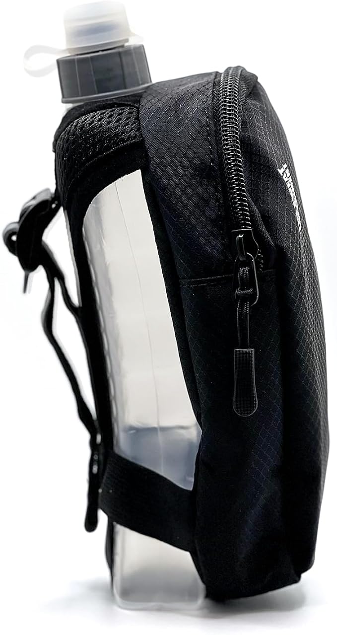 Handheld Running Water Bottle with Large Phone Holder – 12oz Grip-Free Hydration Flask with Pocket for Cards & Keys – Adjustable Strap for Walking, Running, Hiking, Marathons