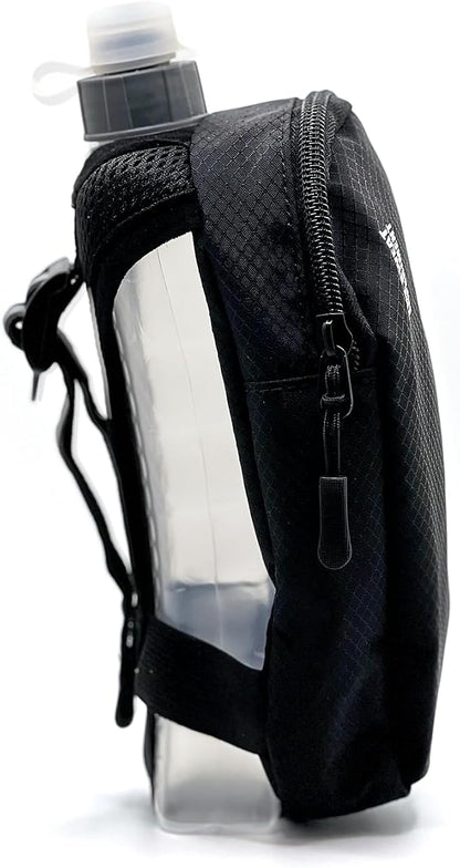 Handheld Running Water Bottle with Large Phone Holder – 12oz Grip-Free Hydration Flask with Pocket for Cards & Keys – Adjustable Strap for Walking, Running, Hiking, Marathons