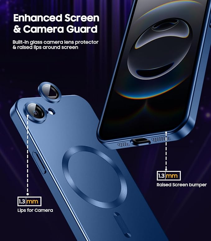 Magnetic for iPhone 17e Case/iPhone 16e Case [Compatible with MagSafe][Built-in Camera Lens Protector] Slim Soft Silicone Bumper Shockproof Metallic Luster 17e Phone Case (Blue)