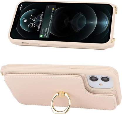 Lipvina for iPhone 12/12 Pro Case with Card Holder for Women,Crossbody Strap Lanyard,Credit Card Holder,Ring Stand,Snap Clasp,Wallet Case 6.1 inch (Beige)