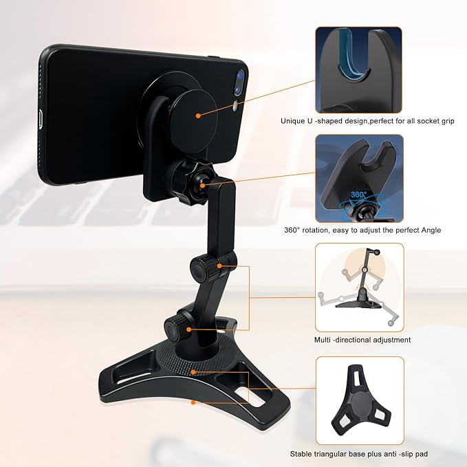 Cell Phone Stand Works for Popsocket, Height Angle Adjustable Desk Phone Holder, Heavy Duty Phone Stand for Desk for Home, Fits for All Sockets Grips
