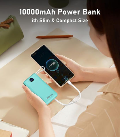 Portable Charger with Built in Cables, 10000mAh Power Bank, Battery Pack | 1 Pack, Slim, Travel Essentials, 4 Output 2 Input, for iPhone 17/16/15/14/13,Samsung, Android, etc-Green