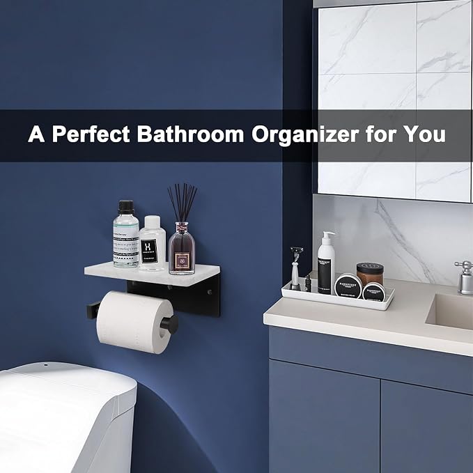 NearMoon Toilet Paper Holder with Shelf, Heavy Duty Bath Toilet Roll Holder with Phone Shelf Tissue Hanger for Bathroom/Kitchen Wall Mounted(Metal & Marble, Matte Black)