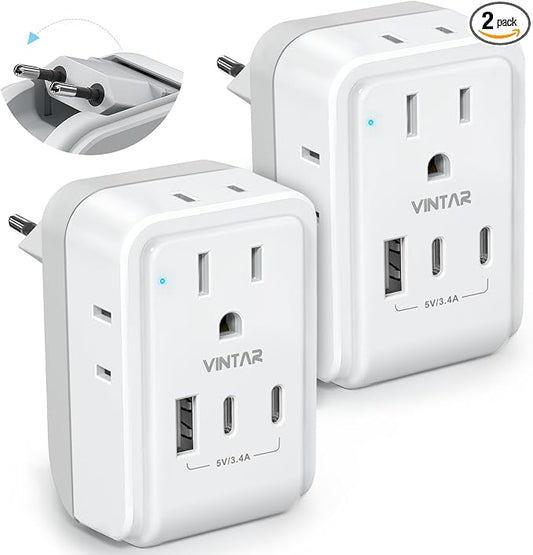 2 Pack European Travel Plug Adapter, VINTAR Foldable International Power Adapter with 4 AC Outlets 3 USB Ports(2 USB C), Type C Adaptor Charger for US to Most of Europe EU Italy Spain France Iceland