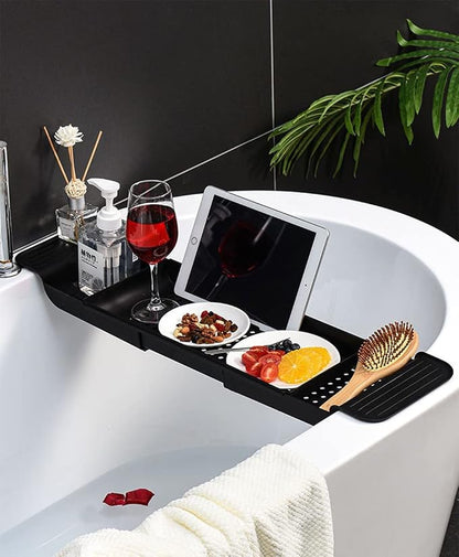 Bathtub Caddy Tray, Expandable Bath Shelf, Adjustable Size from 21.9 to 31 inches Plastic Bathtub Storage Rack, Bathtub Accessories & Bathroom Gadgets, Bath Tub Tray for Kitchen Bathroom (Black)