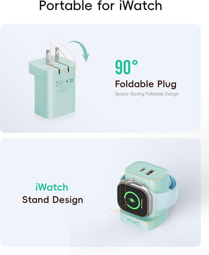 VRURC for Apple Watch Charger, Wireless Magnetic Portable iWatch Charger, PD 20W 3-in-1 Travel Essentials Fast Charging Block for iWatch Ultra/SE/11/10/9/8/7/6/5,iPhone 17/16/15/14/13 etc-Green