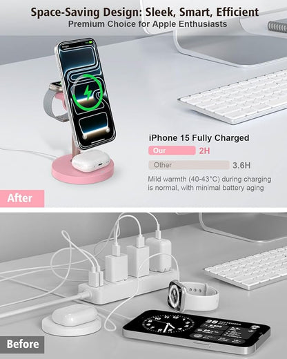 3 in 1 Magnetic Wireless Charging Station, 15W Fast Charger Stand for iPhone, Phone Charger Stand for Desk Nightstand, for iPhone 17/16/15/14/13/12, Apple Watch & AirPods, Adapter Not Included -Pink