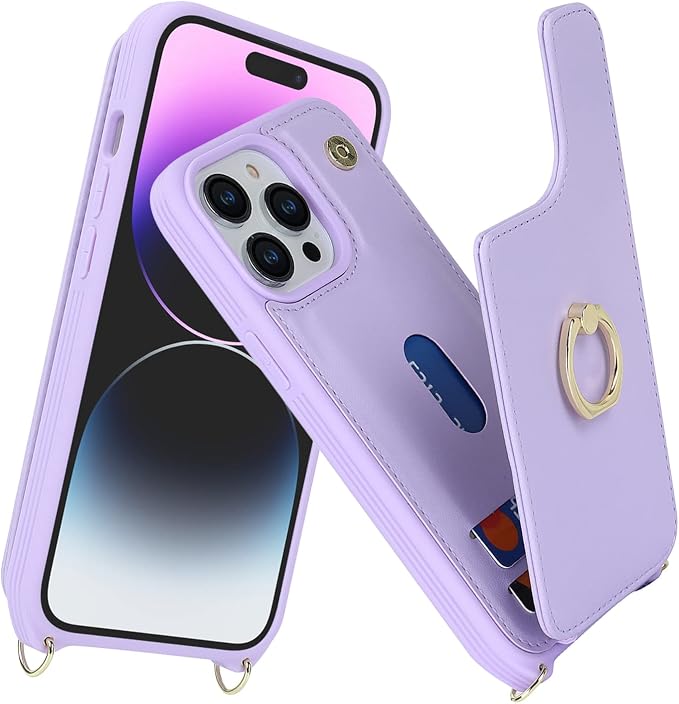 Lipvina for iPhone 14 Pro Max Case with Card Holder for Women,Phone Case with Strap,Crossbody Lanyard,RFID Blocking,Ring Stand,Snap Clasp,Cute Wallet Cases 6.7"(Purple)