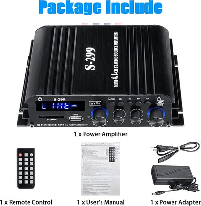 4.1 Channel Home Audio Amplifier Receiver, Bluetooth 5.0 Mini Amp with Subwoofer Output, RMS 4x50W MAX 800W for Home Theater/Car- USB/SD/AUX Input, for Passive Speakers and Active subwoofer
