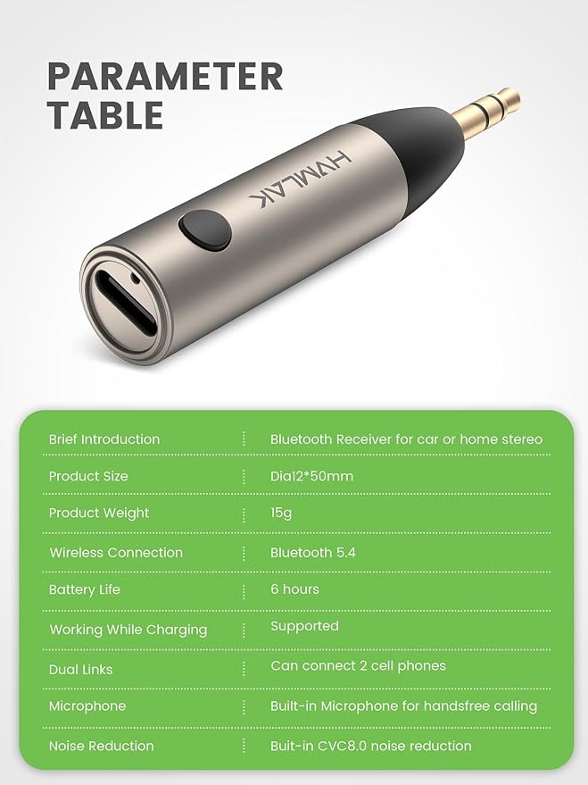 Aux Bluetooth 5.4 Adapter, Wireless Audio Receiver for Car Home Stereo Speaker, Music Streaming, Handsfree Calls, 6 Hours Playback, 1 Piece