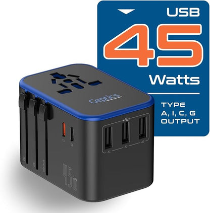Ceptics 45W Universal Travel Adapter, International Travel Adapter with PD & QC 3.0 Dual USB-C, 3 USB-A World Travel Adapter, Type A, C, G, I Output for EU US UK – 2 Pack (UP-11KU-2PK) | 6 in 1 Universal Travel Adapter, Type A, C, G, I Plugs for Global...