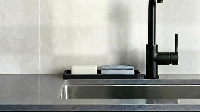 Happitasa Silicone Kitchen Sink Organizer Tray, Sponge Holder and Countertop Protector | Bathroom and Kitchen Soap Dish and Dispenser Tray (Black, 12"x4")