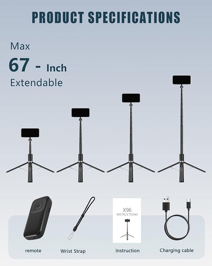 Magnetic Phone Tripod for iPhone MagSafe - 67" Auto-Deploy Selfie Stick with Wireless Remote, 360° Rotatable Tripod Stand for Video Recording, Live Streaming, Vlogging