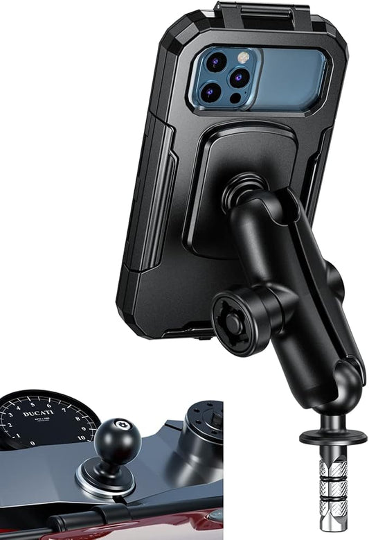 iMESTOU Waterproof Motorcycle Fork Stem Phone Mount Case 1" Ball Bike Phone Holder Anti-Theft with B Size Double Socket Arms Aluminum Ball Base for 5.5"-6.8" Cellphones (L)