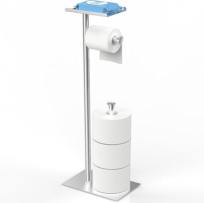 CISILY Silver Stainless Steel Toilet Paper Holder Stand with Phone Shelf, Bathroom Toliet Decor Decoration. Tissue Paper Roll Holder Free Standing Storage, Rv Accessories