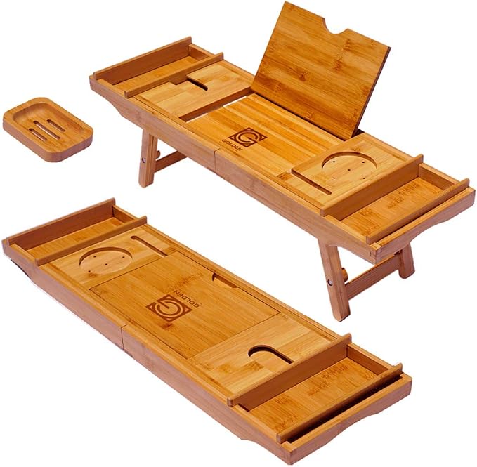 3-in-1 Premium Bathtub Caddy, Laptop Desk & Bed Tray with Extendable Arms and Adjustable Legs - Includes a Free Soap Dish, Two Spa Trays and Tablet/Wine Glass/Candle/Phone Holders - Natural Bamboo