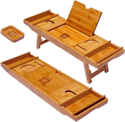 3-in-1 Premium Bathtub Caddy, Laptop Desk & Bed Tray with Extendable Arms and Adjustable Legs - Includes a Free Soap Dish, Two Spa Trays and Tablet/Wine Glass/Candle/Phone Holders - Natural Bamboo