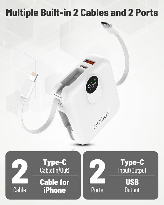 Small Portable Charger with Built-in Cables,22.5W Fast Charging Power Bank,USB-C Mini Battery Pack 10000mAh,Travel Essential Powerbank for iPhone Samsung Android MacBook iPad,White