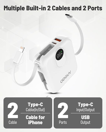 Small Portable Charger with Built-in Cables,22.5W Fast Charging Power Bank,USB-C Mini Battery Pack 10000mAh,Travel Essential Powerbank for iPhone Samsung Android MacBook iPad,White