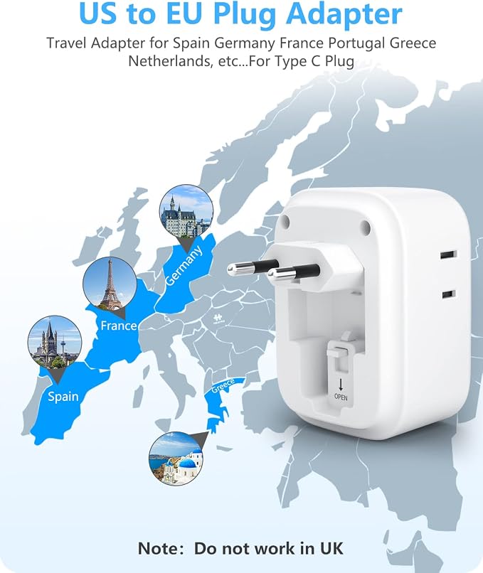LENCENT European Travel Plug Adapter US to Europe Type-C Foldable Plug | with 4 Outlets 4 USB Ports (2 USB C), Power Adaptor for USA to EU Euro Iceland Spain Italy France Germany Greece Portugal