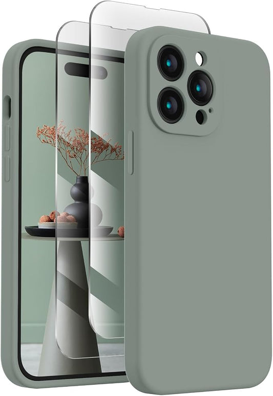 FireNova for iPhone 14 Pro Case, Silicone Upgraded [Camera Protection] Phone Case with [2 Screen Protectors], Soft Anti-Scratch Microfiber Lining Inside, 6.1 inch, Calke Green