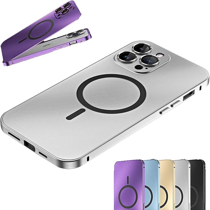 Magnetic Charging Aluminum Metal Bumper Matte Shell for iPhone, Anti-Collision Matte Snap-On Phone Case, for iPhone 16/15/14/13/12 Pro Max (Silver,14)