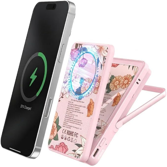 Magnetic Wireless Power Bank 5-in-1, 5000mAh Portable Charger with LED Mirror, Phone Stand, Card Holder & Bluetooth Remote, 20W Fast Charging for iPhone & Android, Travel Essential for Women