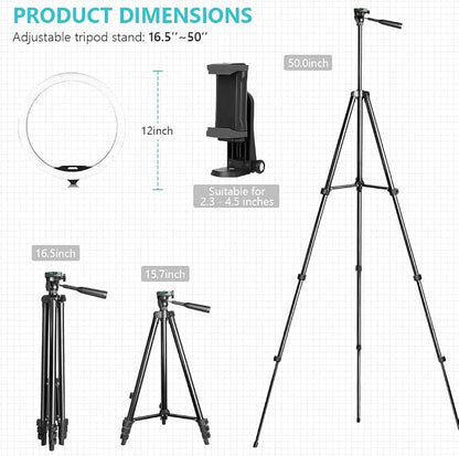 Sensyne 12'' Ring Light with 50'' Extendable Tripod Stand, LED Circle Lights with Phone Holder for Live Stream/Makeup/YouTube Video/TikTok, Compatible with All Phones (Pack of 2)