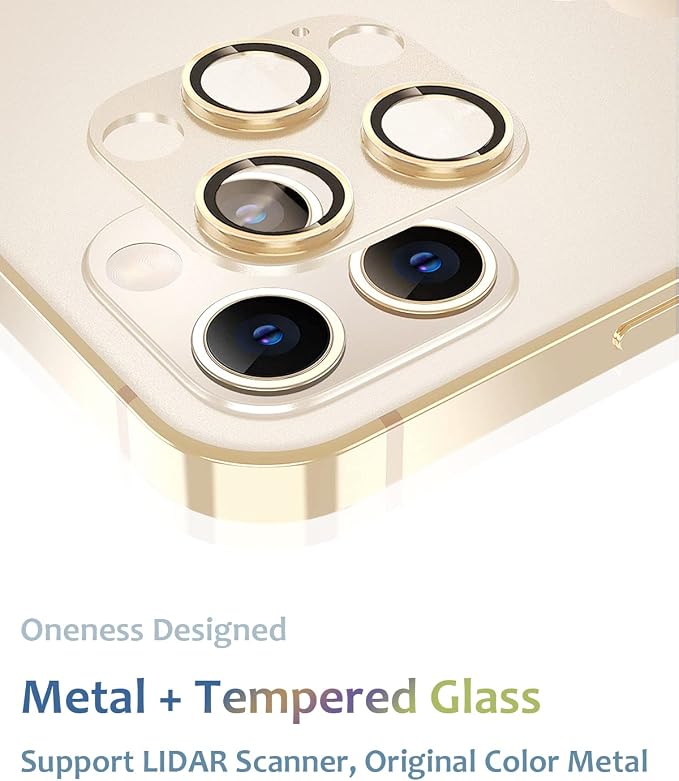 Compatible for iPhone 14 Pro and iPhone 14 Pro Max Camera Lens Protector Metal Plus Tempered Glass Screen Camera Cover Gold