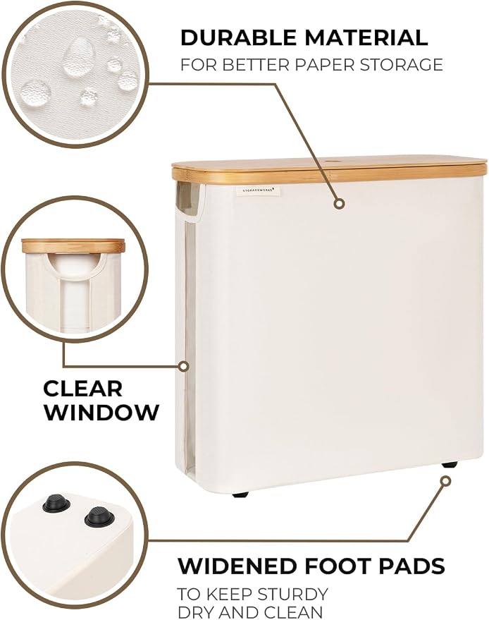 StorageWorks Large Toilet Paper Storage with Bamboo Lid, Toilet Paper Holder Basket for Up to 12 Mega or 16 Regular Size Rolls, Paper Storage Baskets for Bathroom, Beige, 1 Pack