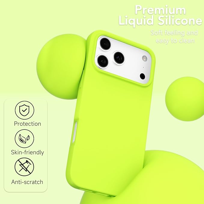 for iPhone 17 Pro Case Silicone Compatible with Magsafe Case, Ultra Slim Thin Magnetic Phone Cases Mag Safe, Cute Soft Rubber Gel TPU Matte Plain Wireless Charging Cover for Women, Neon Green