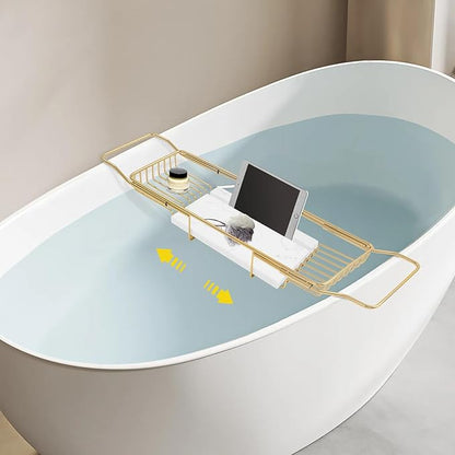 Expandable Bathtub Tray Caddy for Luxury Bath, Extra Wide Acrylic Tub Tray with Natural Marble Board, Waterproof Bath Tub Shelf for Phone, Wine, Book, Tablet Stand - Ideal Home Spa (Gold, White)