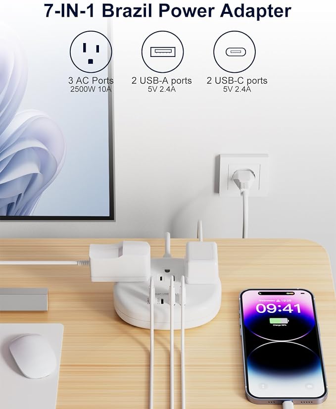 Brazil Power Adapter, Brazil Extension Cord 3FT | Outlet Adapter for Brazil with 3 American Outlets 4 USB Ports (2 USB-C) Total 24W, Type N Plug Adapter for Brazil