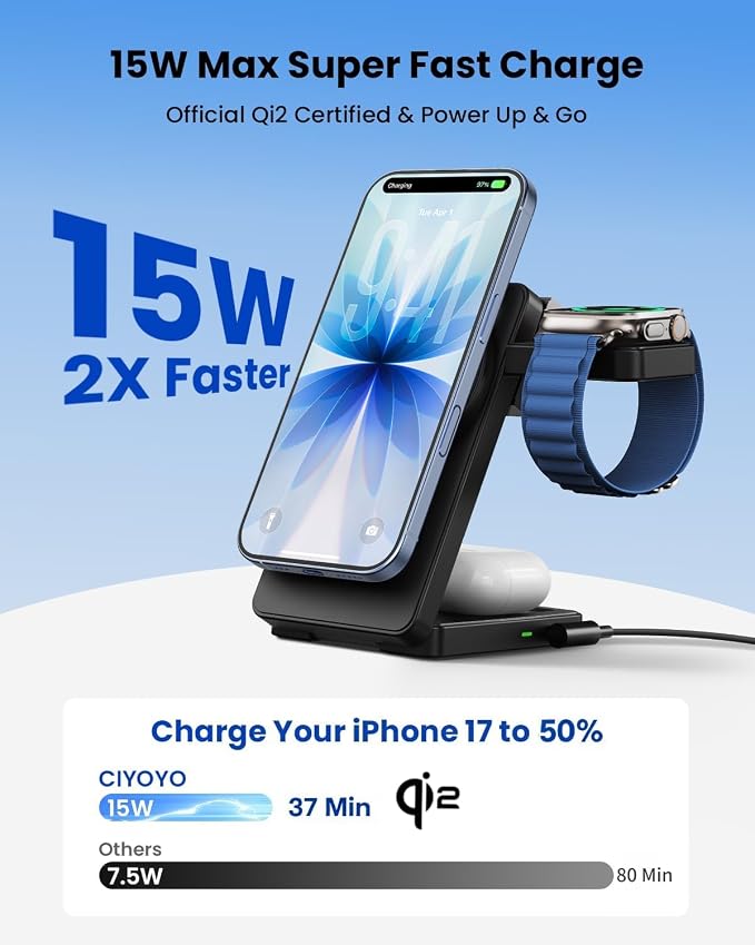 Magnetic Wireless Charging Station for Apple: Upgraded Qi2 Certified 15W 3-in-1 Magsafe Wireless Charger Stand, Foldable Travel Fast Charger for iPhone 17 16 15 14 13 12 Series, Apple Watch, AirPods